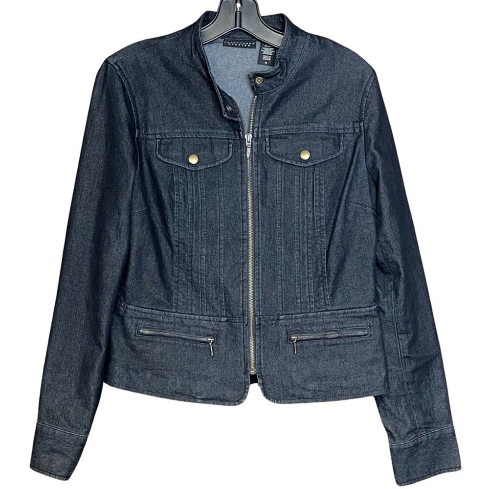 Apostrophe Jean jacket black stretch denim zipper pockets tailored size 8 NWOT